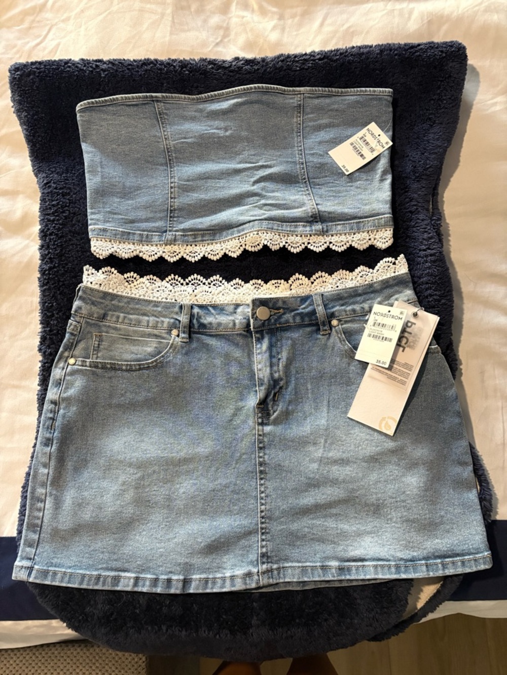 Nordstrom Light Blue Denim Mini Skirt with Lace Trim